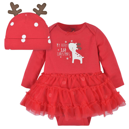 2-Piece Baby Girls Reindeer Skirted Onesies® Bodysuit & Cap